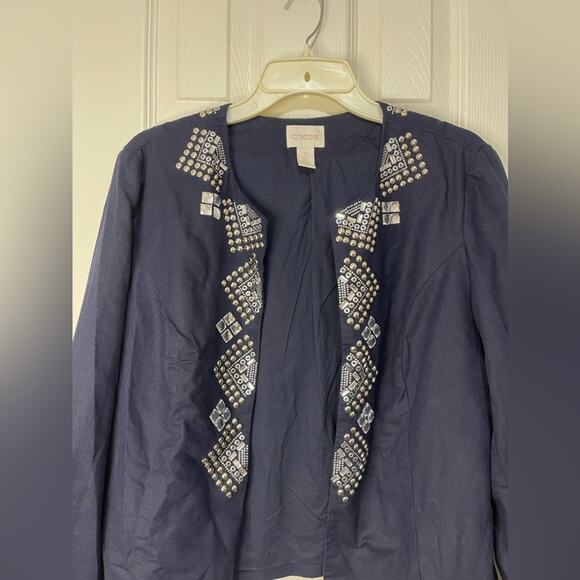Chico’s Blue Crop Open Front Linen Blend Stud Rhinestone Jacket size Large - Picture 2 of 9